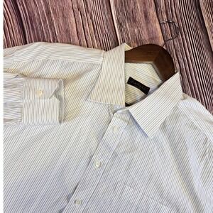 Canali Mens Pinstripe Dress Shirt White Blue Tan 100% Cotton Italian 47/18.5